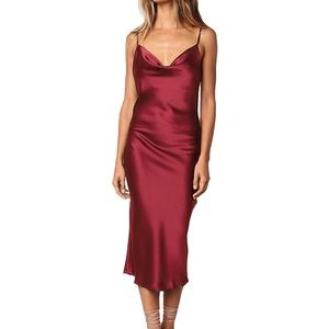Sleeveless Spaghetti Strap Satin Midi Dress Cocktail Beach Evening Cowl Neck